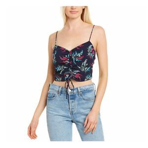 Likely Alias‎ Floral Print Ruched Crop Top Tank Top Cerulean Blue Detail Large